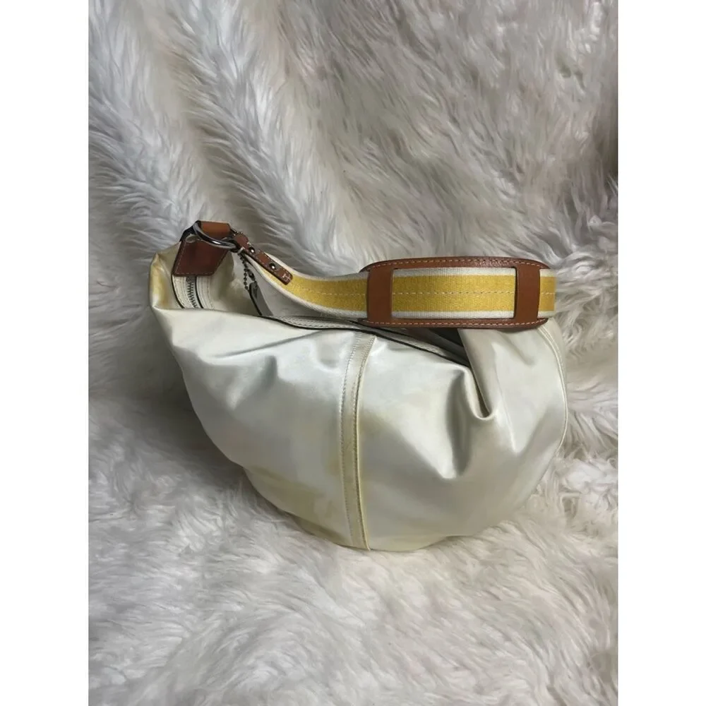 Coach Hampton sateen off white &Yellow marble hobo Bag tan leather &fabric strap